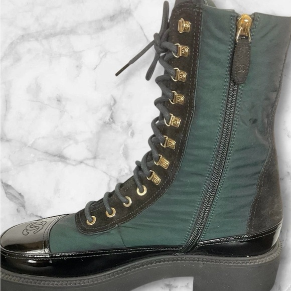 Chanel Nylon Suede Calfskin Black and Dark Green Combat Boots Size 40 - Picture 5 of 8